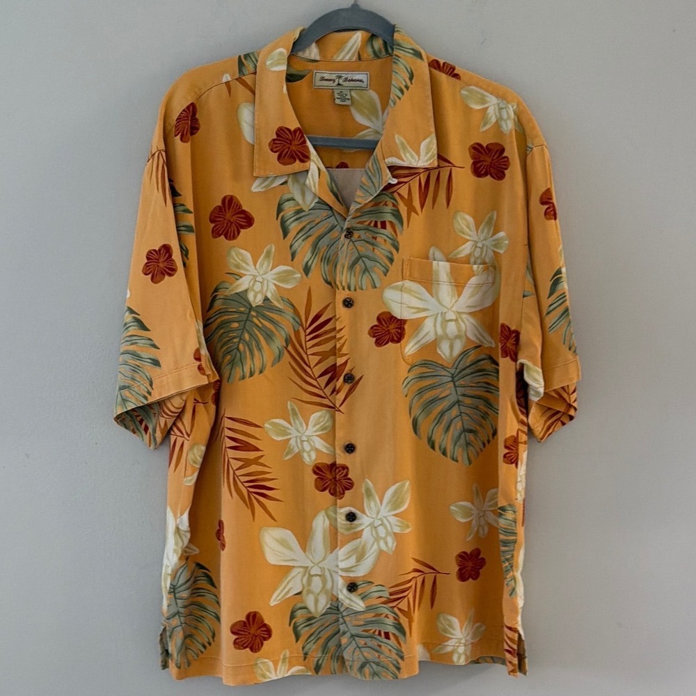 Tommy Bahama Mens XL Orange Silk Tropical Floral Palm Leaf Camp Shirt Hawaiian